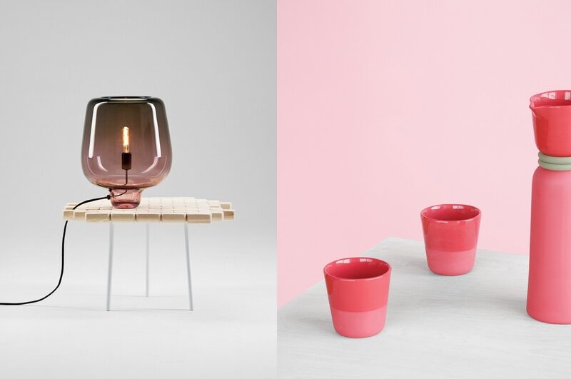 On view at ICFF, Say My Name lamp on Bit by Bit table by Norwegian design studio Morten&Jonas; and Umbra Studio's Hot/Cold Carafe.