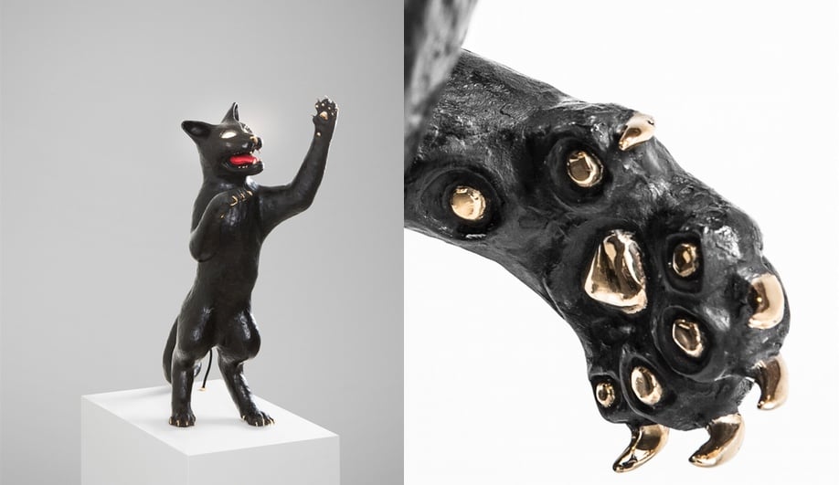 Studio Job’s cast-bronze cats created a stir in the Mayfair Carpenters Workshop Gallery. Flexing their spines, fighting and jumping, they sported LEDs in their menacing eyes – which you turned on by pressing a button on their rear end. Yes, really. On view until October 10. Image courtesy Carpenters Workshop Gallery.