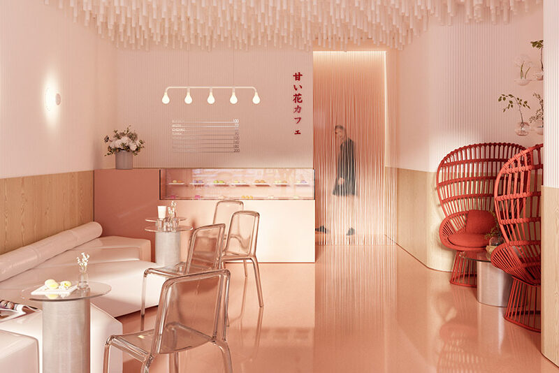 The dowel ceiling installation at Amai Hana by Z. River Studio.