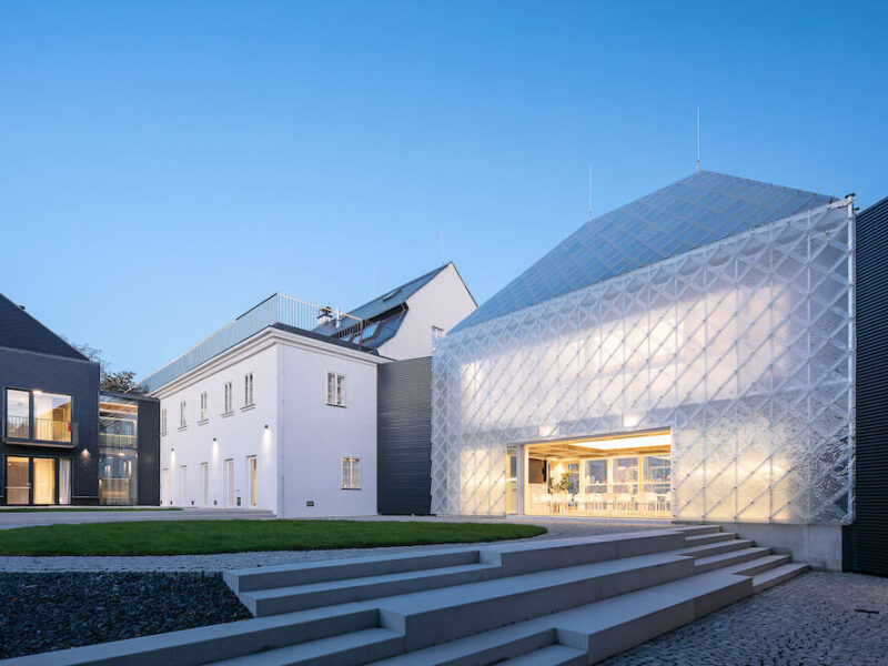 Lasvit courtyard view, with both the Glass House and Black House visible