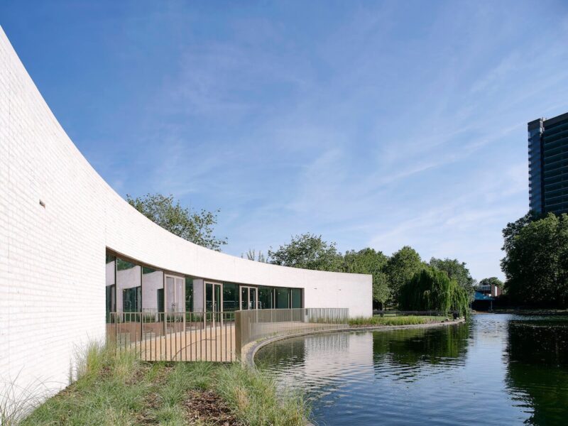 Looking across the west facade of the Southwark Park pavilion.