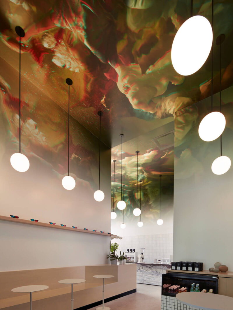 Designed by WICK Architecture, Stereoscope Coffee in Newport Beach has an Renaissance-inspired mural on its ceiling