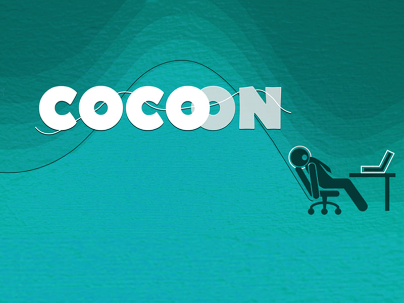 Graphic Illustration of person sleeping at a desk. Text reads: Cocoon