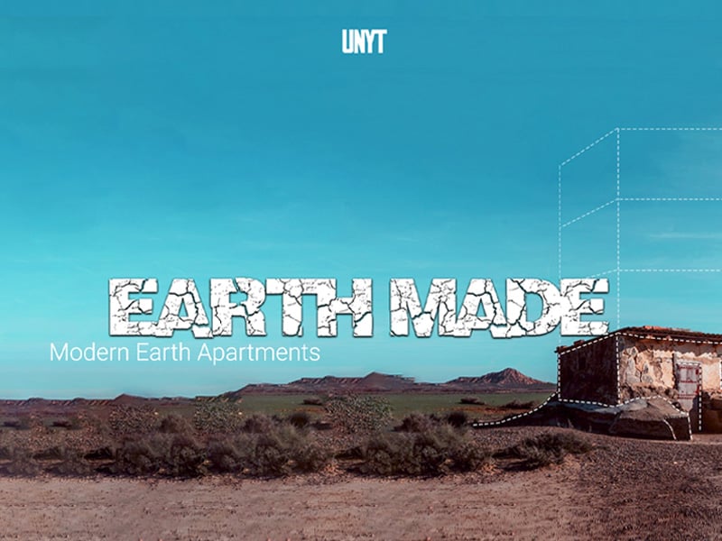 House made with Earth Architecture. Text reads: Earth Made - Modern Earth Apartments