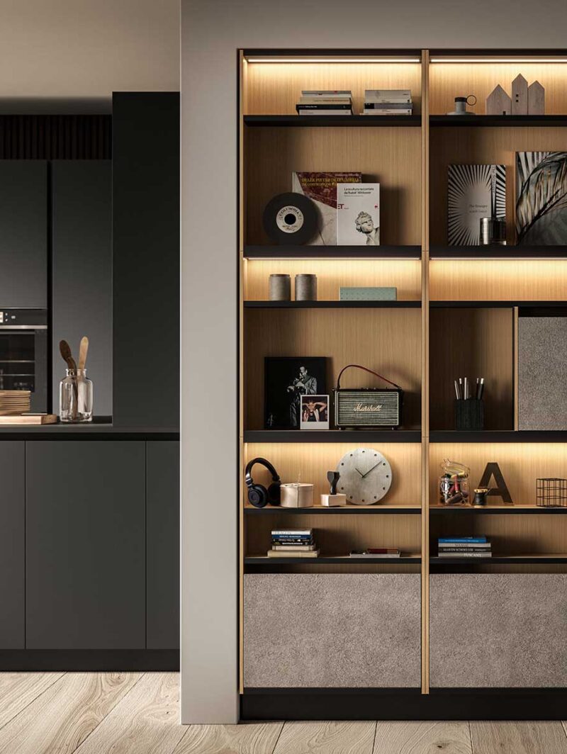 Wall mounted living area cabinet. Front view. Snaidero E-Wall. System S.