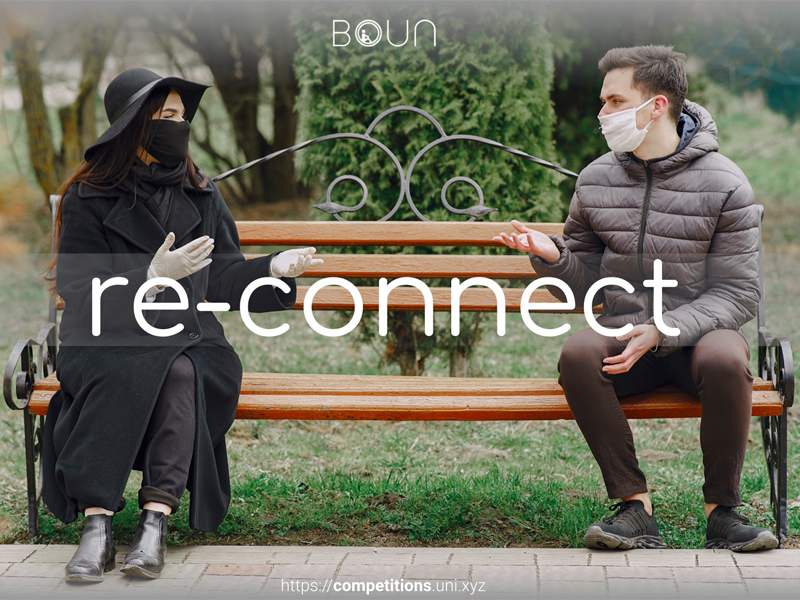 Image of two people wearing masks and social distancing on a bench. Text reads re-connect