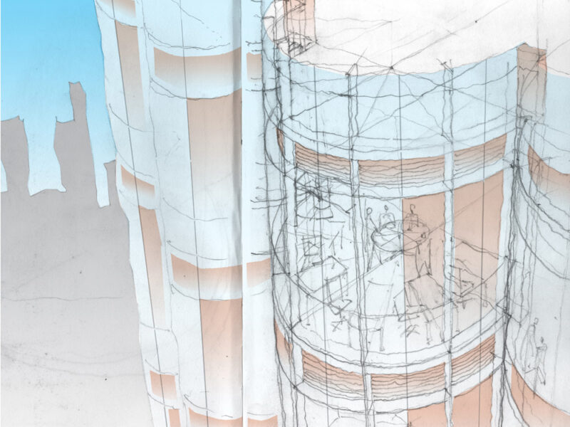 Curved glass building, sketch