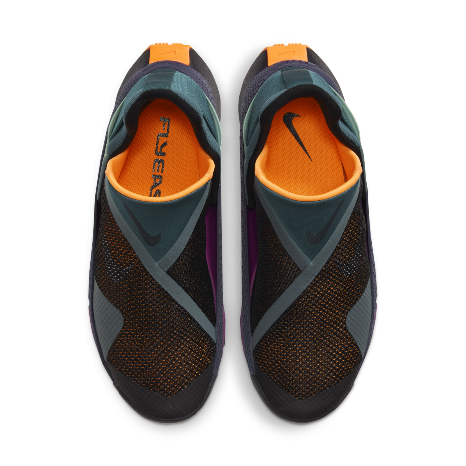 Black slip-on shoes with orange insoles