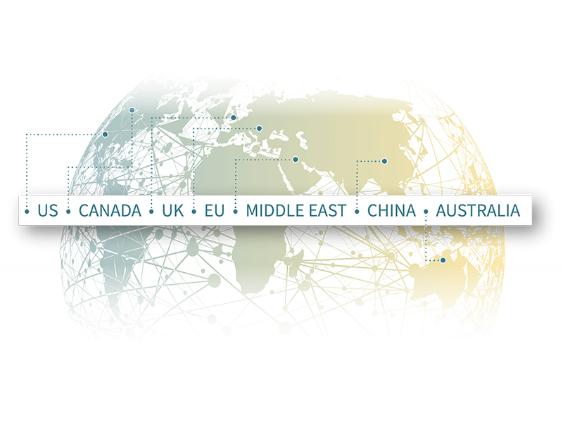 Globe showing US, Canada, UK, EU, Middle East, China and Australia