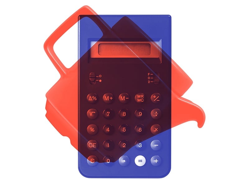 Blue calculator layered overtop red jug