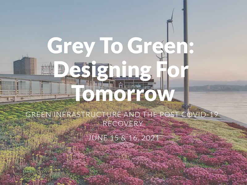 Grey To Green: Designing for Tomorrow in white text on garden background