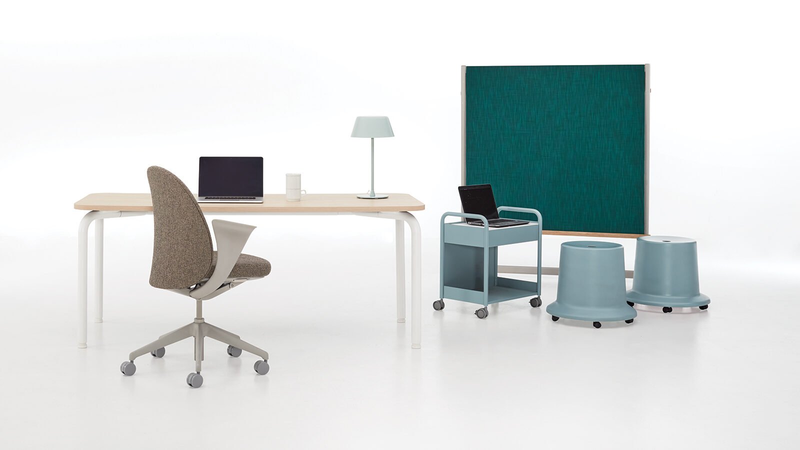 Teknion desk, chair, stools, and tote