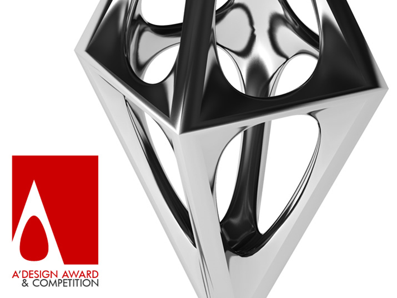 A Design Award logo in red in bottom left corner, next to metal A Awards sculpture on white background