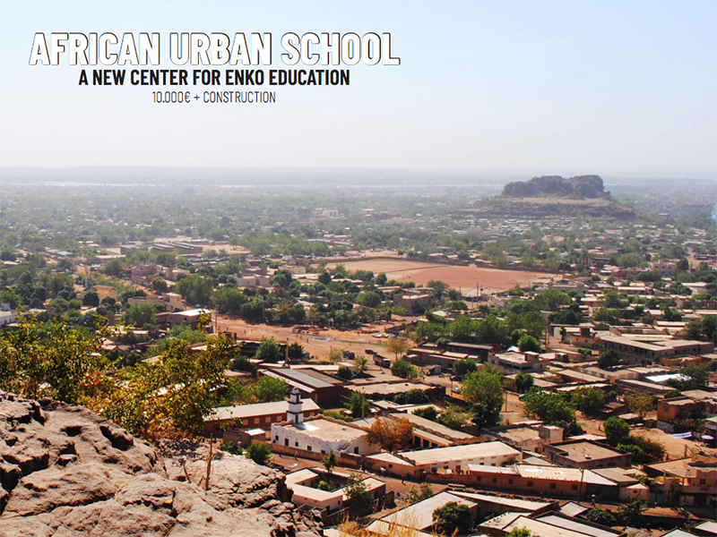 African Urban School written in white text on top of photo of African village