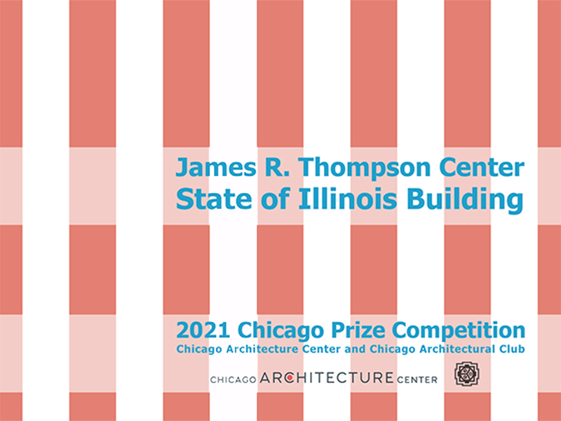 James R. Thompson Centre State of Illinois Building in blue text on red and white striped background