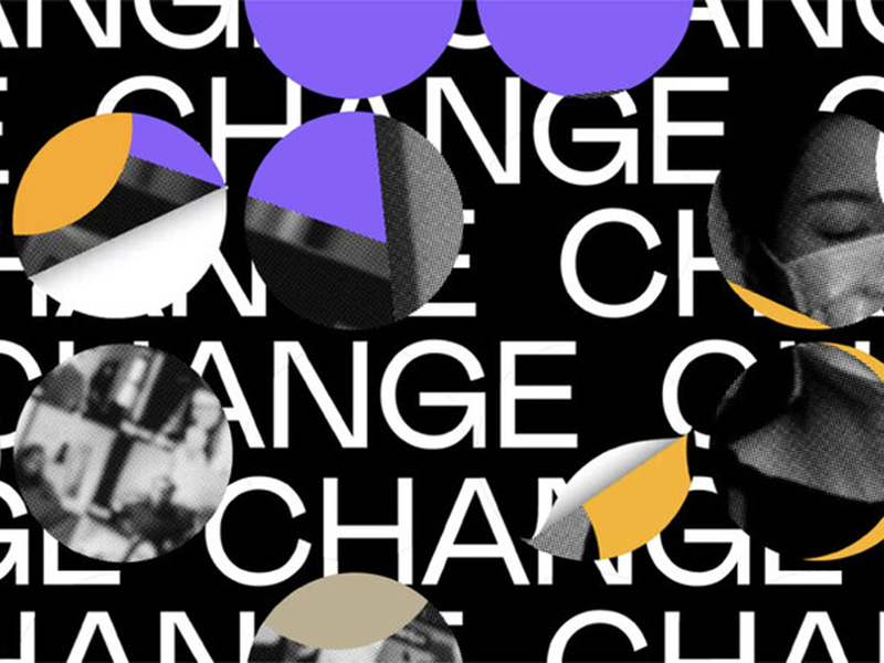 Change written repeatedly in white on black background, with purple and orange circles overlaid