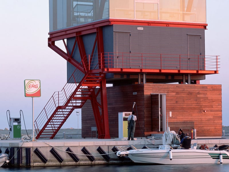 Red building on dock