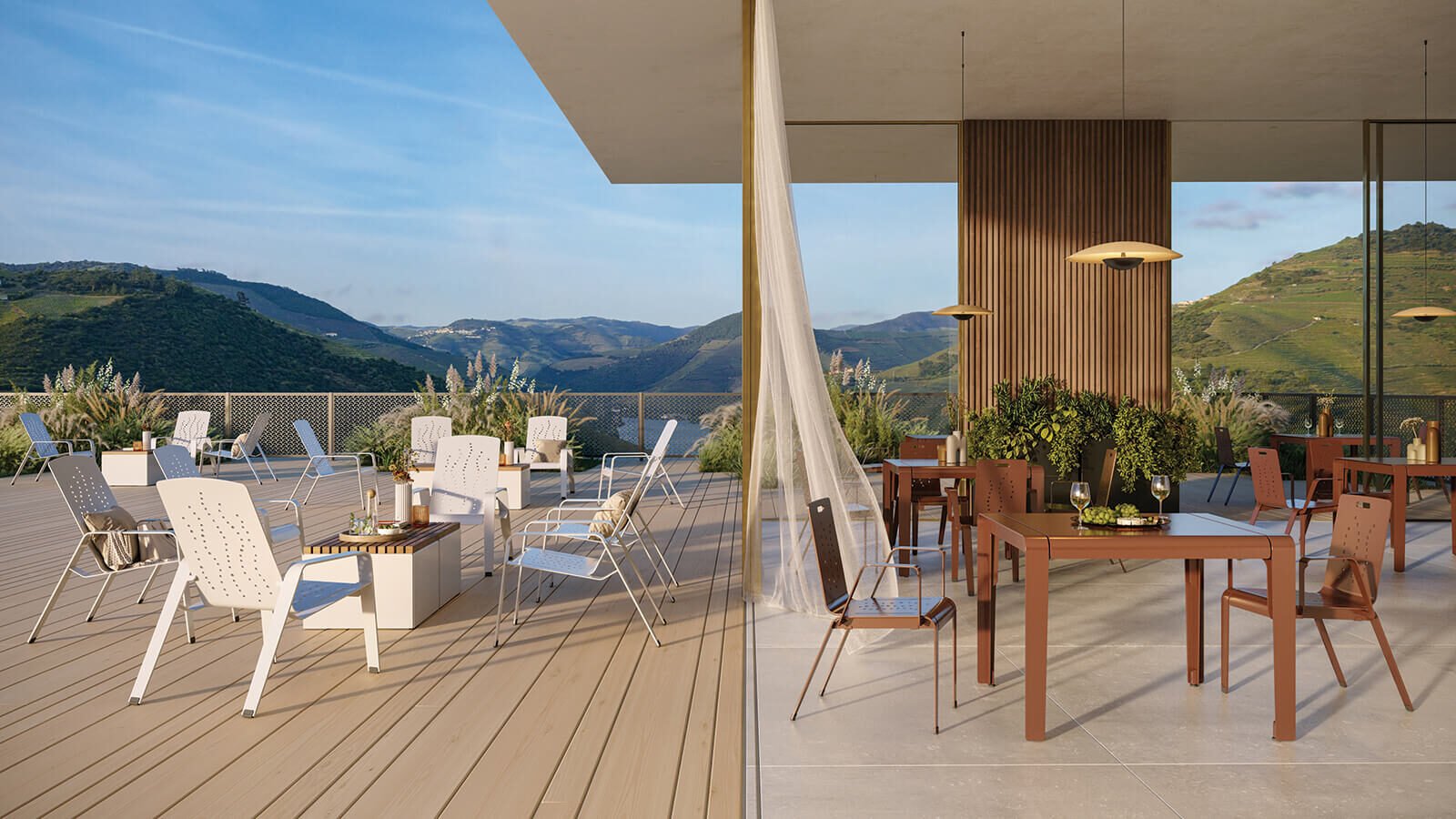 View of white ALUM lounge chairs on an outdoor deck, and brown ALUM dining chairs and tables indoors, separated by a curtain
