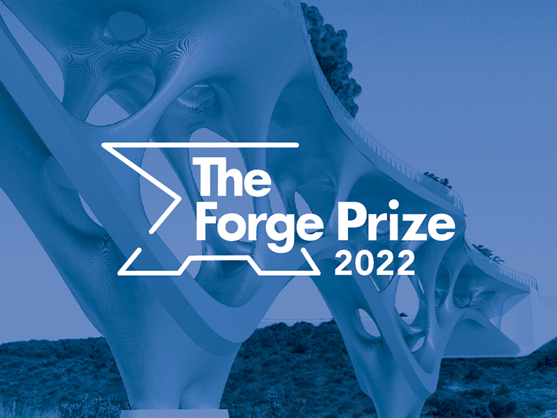 The Forge Prize 2022 in white text on blue background with a steel bridge
