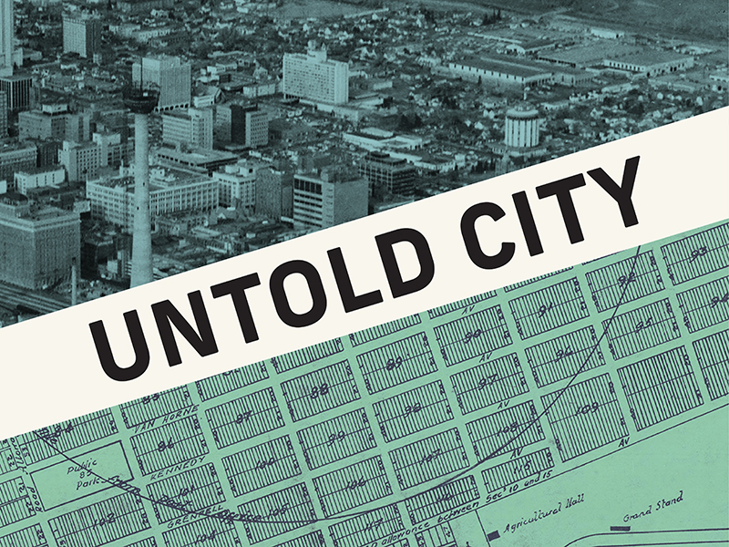 Untold City overlaid on green sketch of city lots and photo of high rise buildings