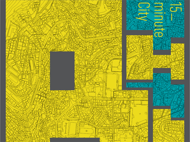 Blue and yellow illustration of a city map