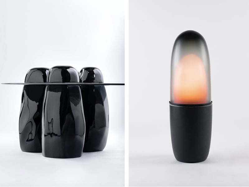 Ini Archibong, Shade Table, 2019 (left); Obelisk Black, 2019 (right)