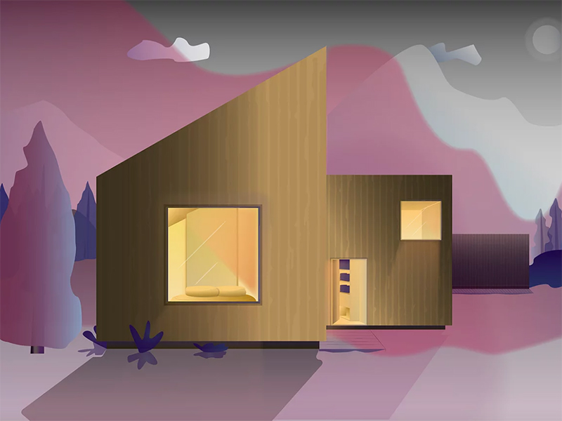 Illustration of a cabin on purple landscape background