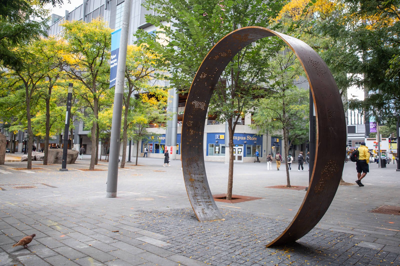 A photo of The Ring sculpture, seen from an angle on a September afternoon.