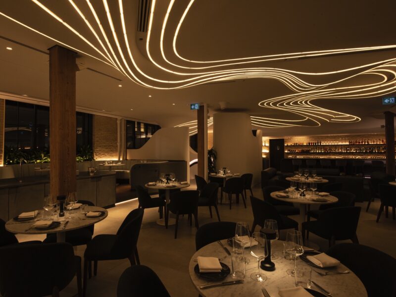 Lit up ceiling at Vela Restaurant in Toronto