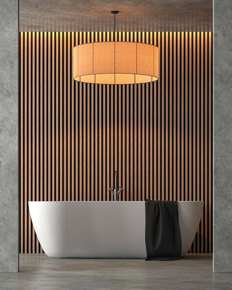 Bathroom with wall made of NewTechWood fluted siding
