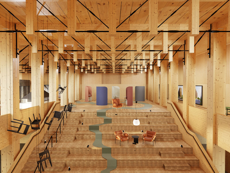 A large wooden staircase surrounded by swedish designs such as chairs hanging from the ceiling, and colanders at the back of the room.
