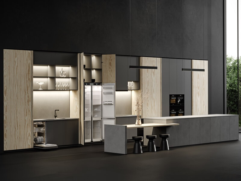 Visible-invisible moralia kitchen display wood grain shelving units with dark island and furntiure