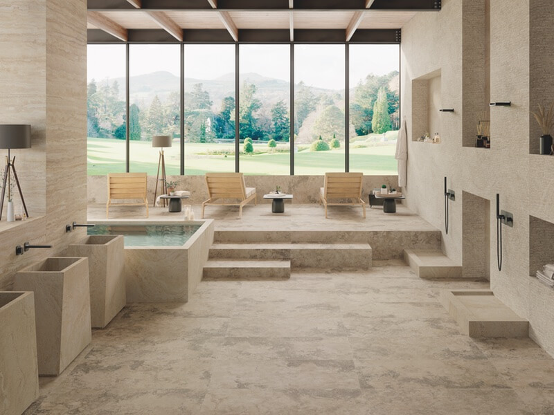 Ciot Unique Travertine Modern porcelain tiles interiror living space with large windows