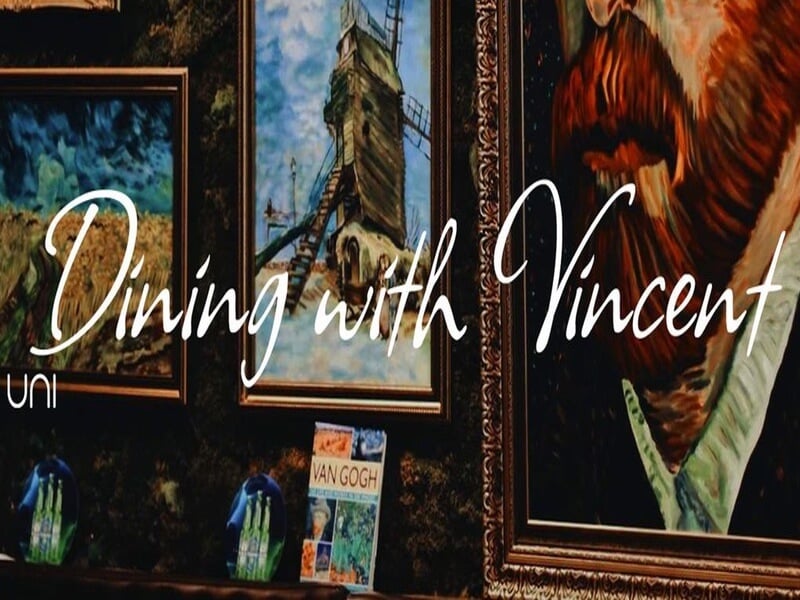 Dining with Vincent compeptiton thumbnail feautring competition title and vincent van gogh paintings in the background