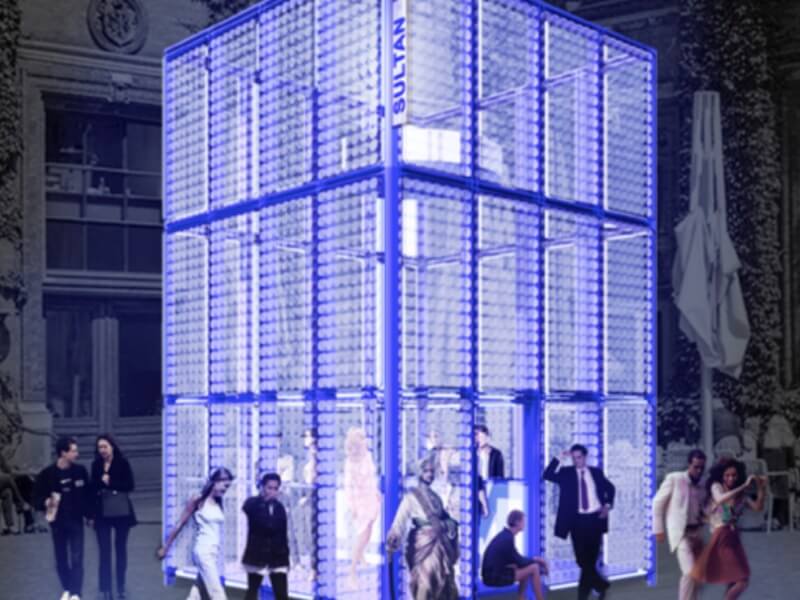 Copenhagen Architecture Festival 2022 blue building frame exhibition with people in front