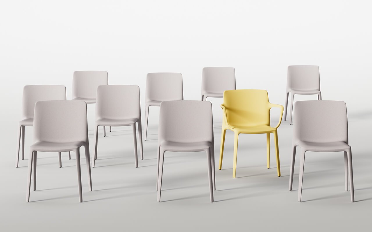 A selection of Fruit recycled office chairs, shown in a variety of finishes, colourways and configurations