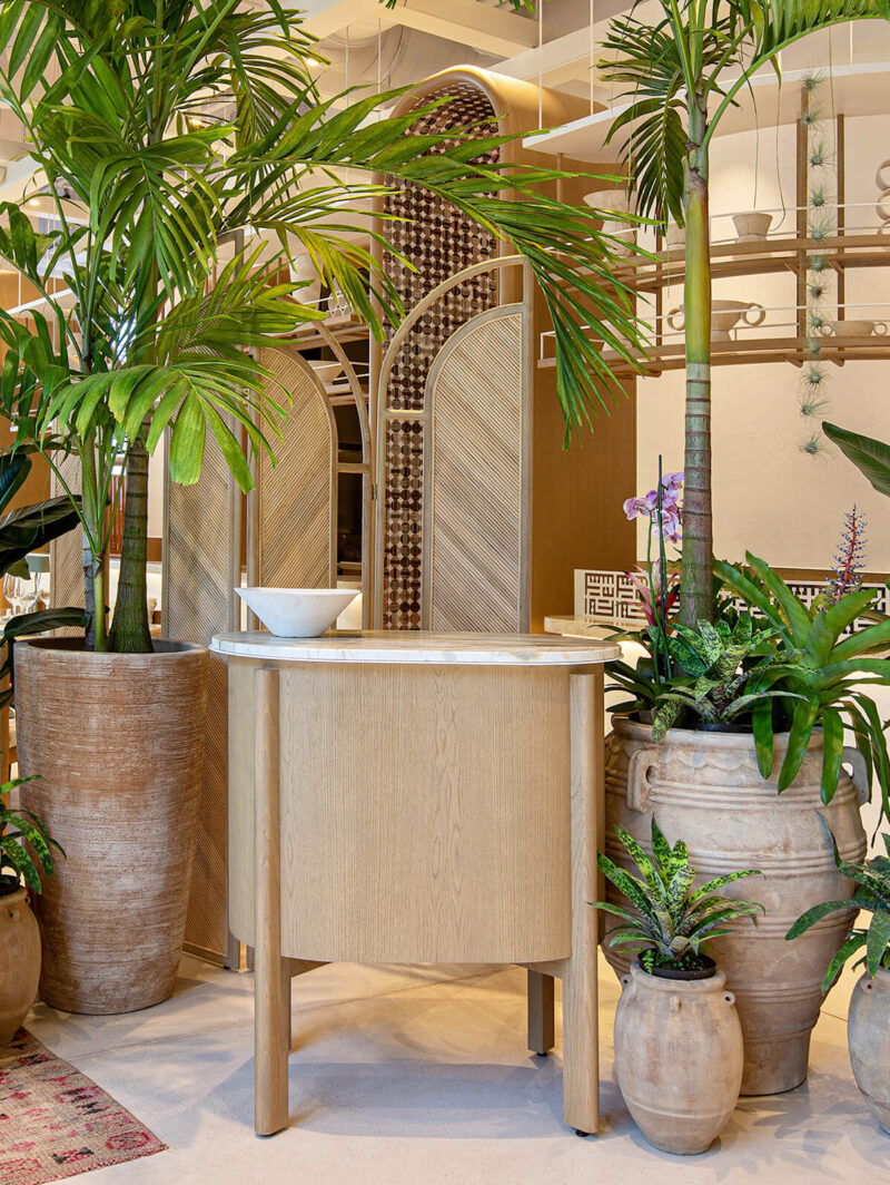 a series of terracotta planters bring greenery into the space