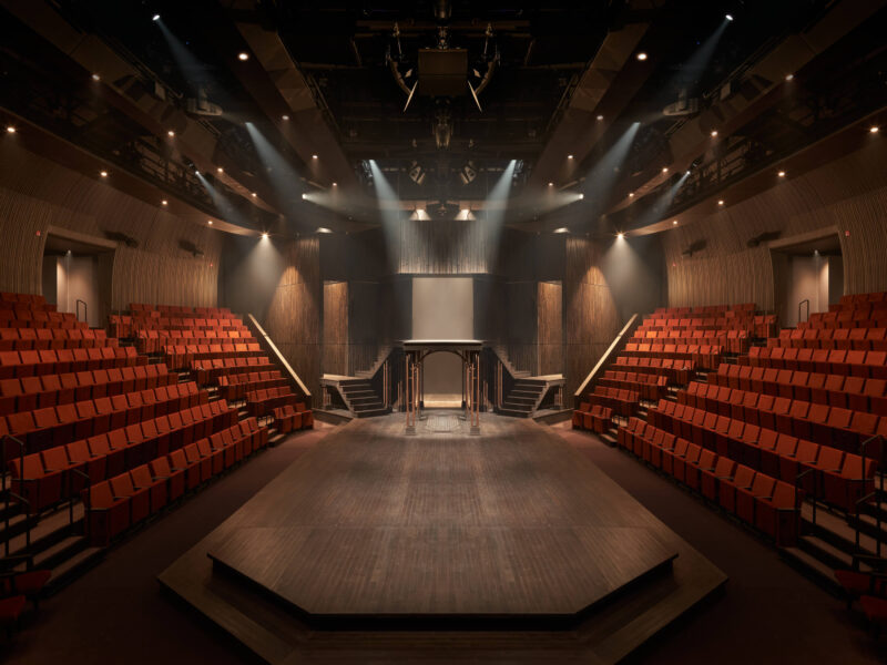 A view inside the auditorium, where star of the theatre is the thrust stage, crafted in Canadian birch and surrounded on three sides by plush seating.
