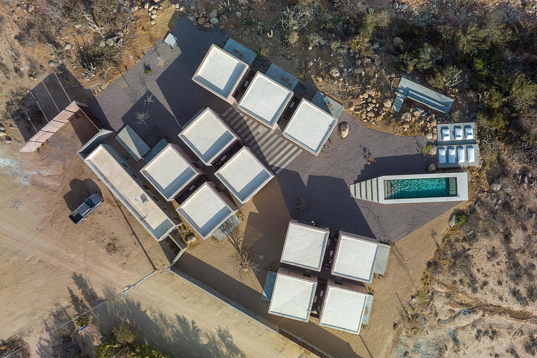 An aerial view of Casa Santos, overlooking the 11 identical concrete cubes and plunge pool