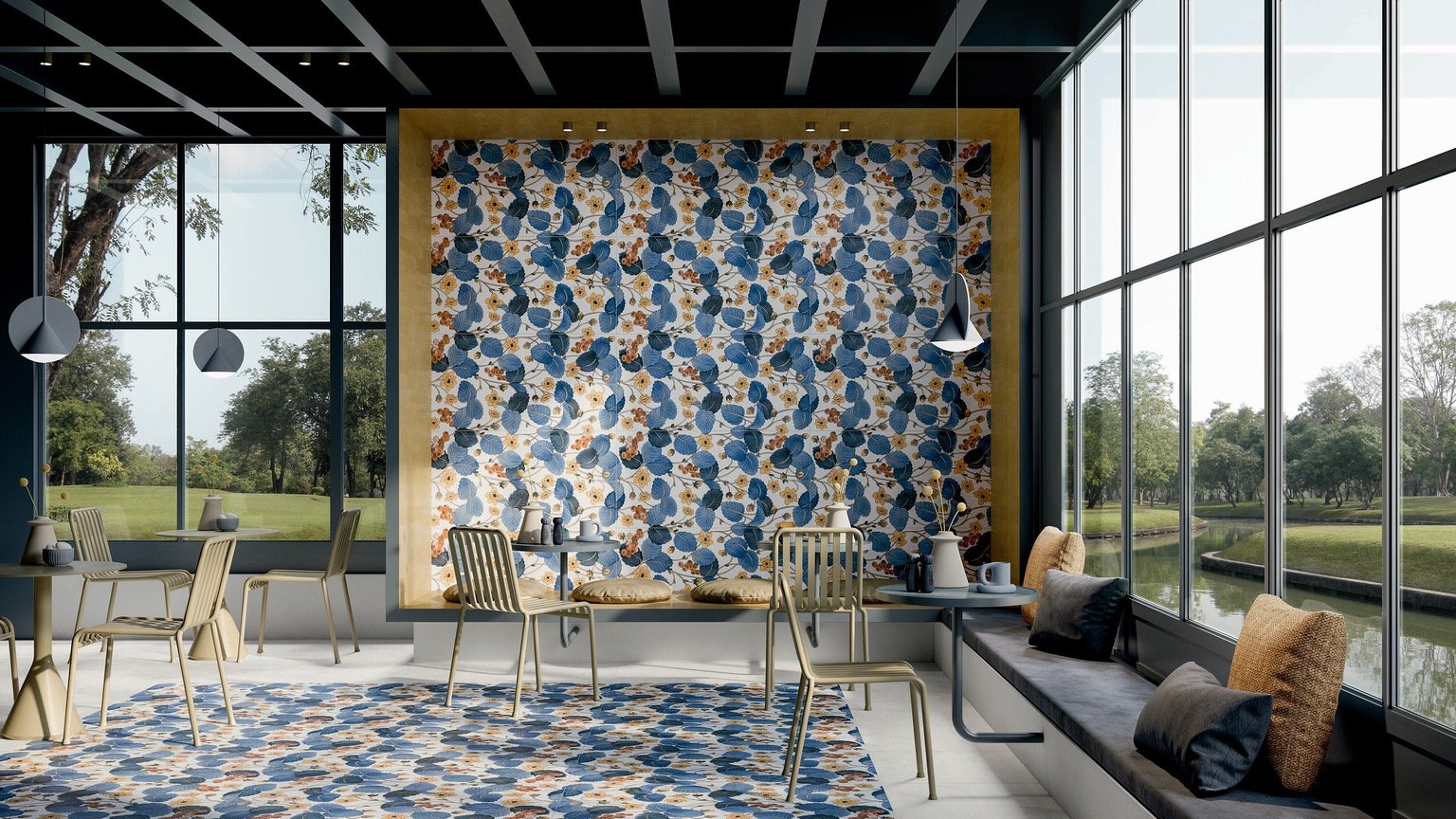 Pastorelli’s wallpaper-like floral tiles from Cersaie 2022 shown on the walls and floor of a cafe with large glass windows.