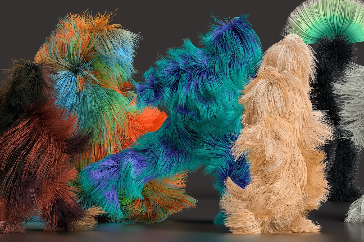 A row of furry creatures walking together, from the London design exhibition Lifeforms by Universal Everything.