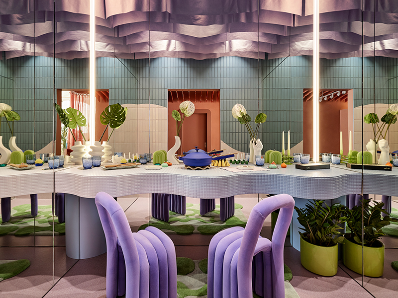 Our Place’s Melrose Avenue location culminates in a whimsical, infinity room–like tablescape that embraces various hues and textures.