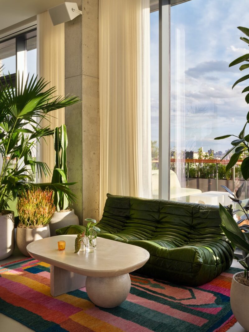 A green leather Togo sofa sits on a multicoloured rug with ferns on either side and a stone table in front. Behind it, floor to ceiling window looks out to Brooklyn.