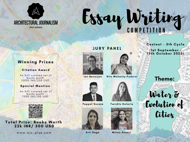 text for the essay writing competition and images of jury panel over a picture of a map.