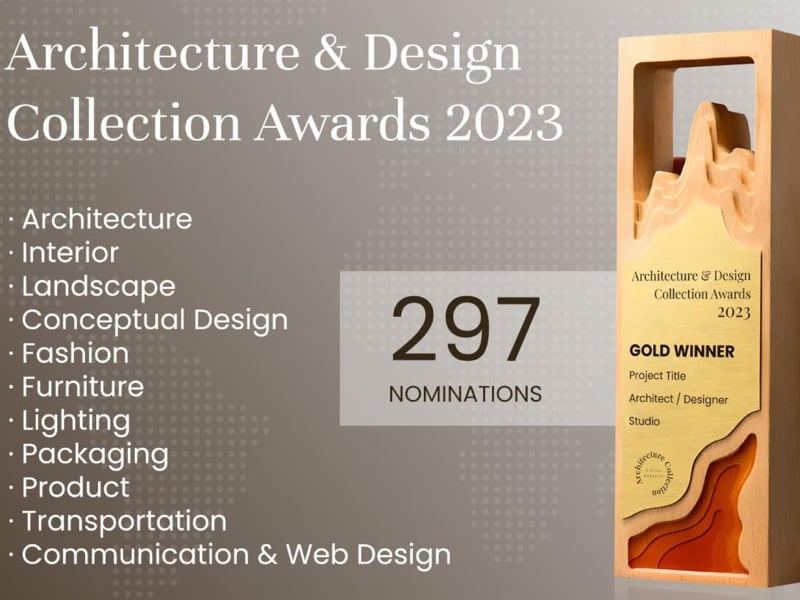 text over grey background with the title of the architecture & design cllection awards 2023 along with a list of accepted categories and an image of the award trophy