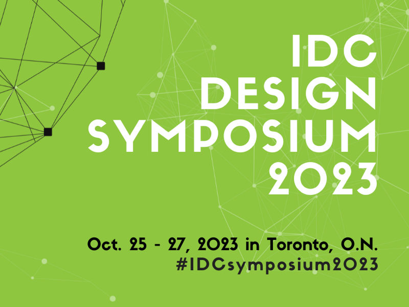 text reading IDC Design symposium 2023 as well as date and location put on top of a green background with minimal graphics