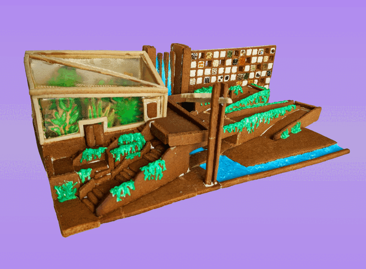 An animated GIF moving through a series of gingerbread architecture projects from 2023 that recreate landmarks like the Cloud Gardens Conservatory, Toronto's City Hall, Ontario Place and more.