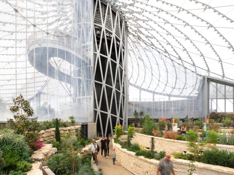 A closeup of the central column supporting the spiral roof inside The Leaf nature conservatory in Winnipeg.