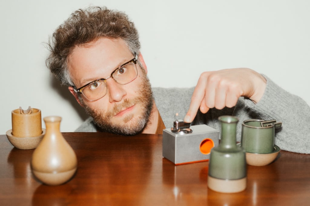 A portrait of Seth Rogen with a series of ceramics and an aluminum lighter block.