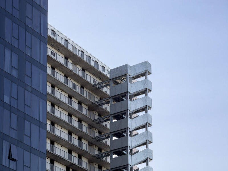 A close-up view of the exterior stairs, which riffs on Montreal vernacular.